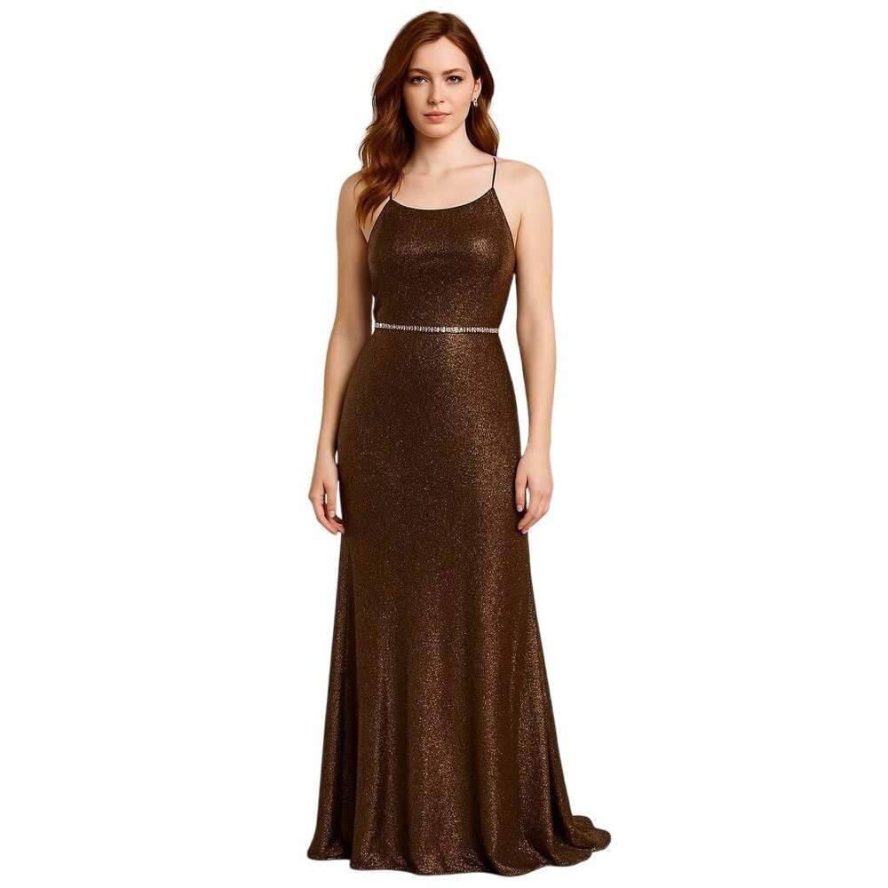 VTG Cache Bronze Shimmer Hollywood Glam Slip Dress Gown 8 Rhinestone Waist Sleek